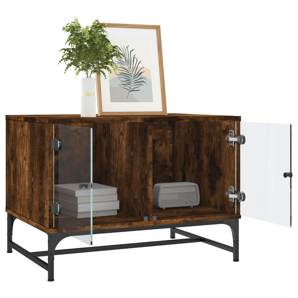 vidaXL Τραπεζάκι Σαλονιού Καπνιστή Δρυς 68,5x50x50 εκ. Γυάλινες Πόρτες