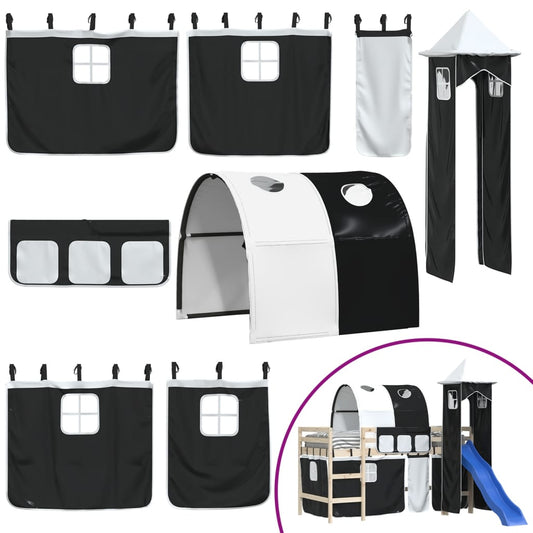 vidaXL Κουρτίνες για Υπερυψωμένο Κρεβάτι με Τούνελ/Πύργο Λευκό/Μαύρο