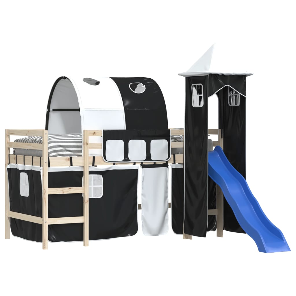 vidaXL Κουρτίνες για Υπερυψωμένο Κρεβάτι με Τούνελ/Πύργο Λευκό/Μαύρο