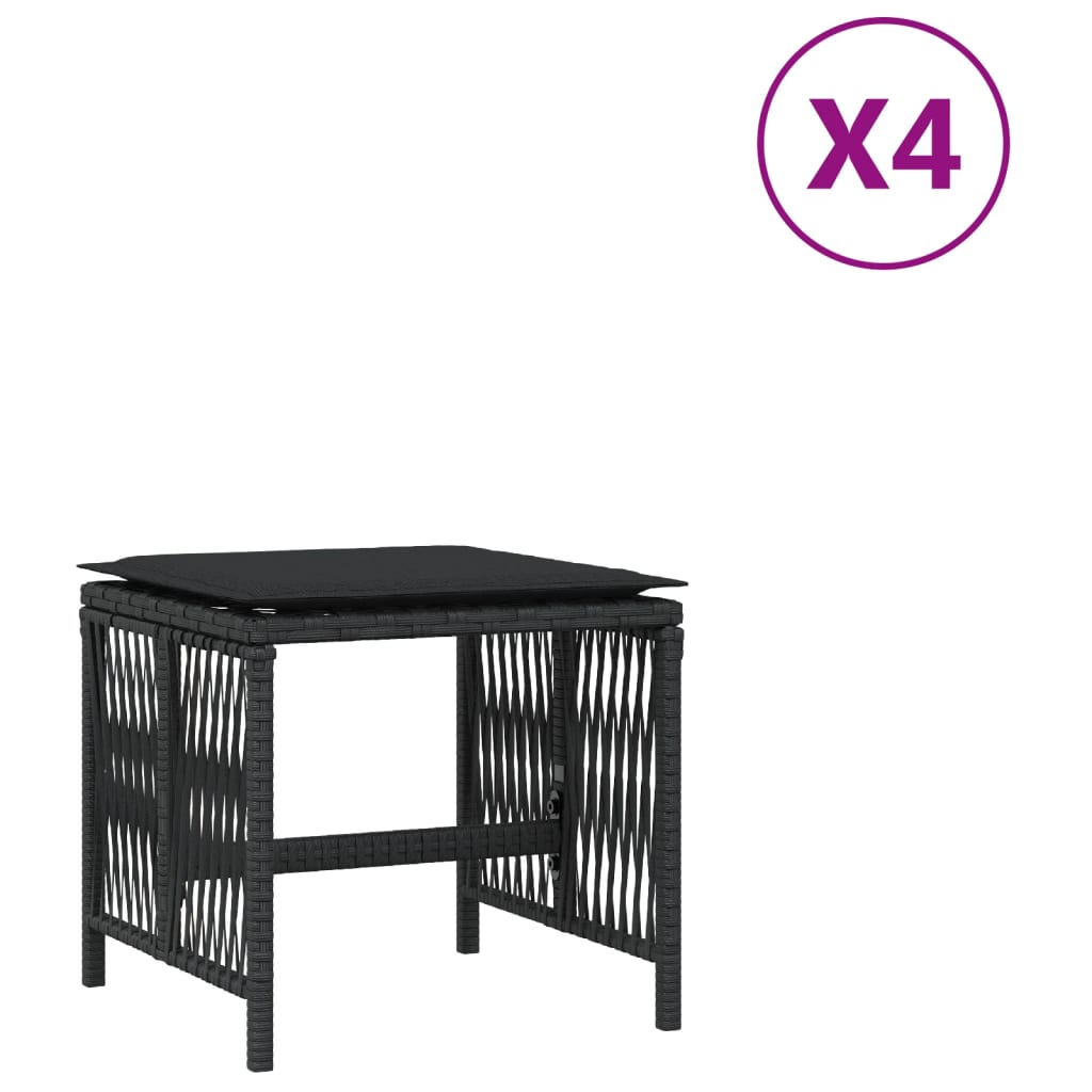 vidaXL Σκαμπό Κήπου 4 τεμ. Μαύρα 41x41x36 Συνθετικό Ρατάν με Μαξιλάρια
