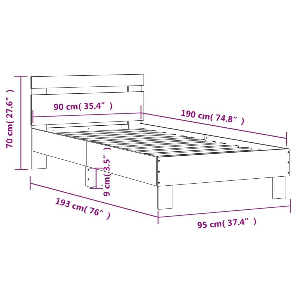 vidaXL Πλαίσιο Κρεβατιού με Κεφαλάρι Sonoma Δρυς 90x190 εκ. Επεξ. Ξύλο