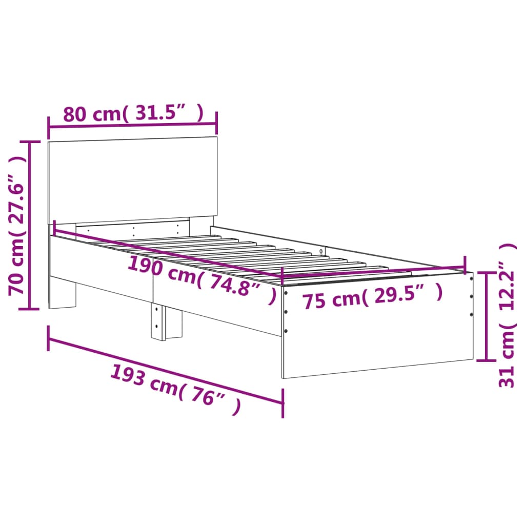 vidaXL Πλαίσιο Κρεβατιού με Κεφαλάρι Λευκό 75x190 εκ. Επεξ. Ξύλο