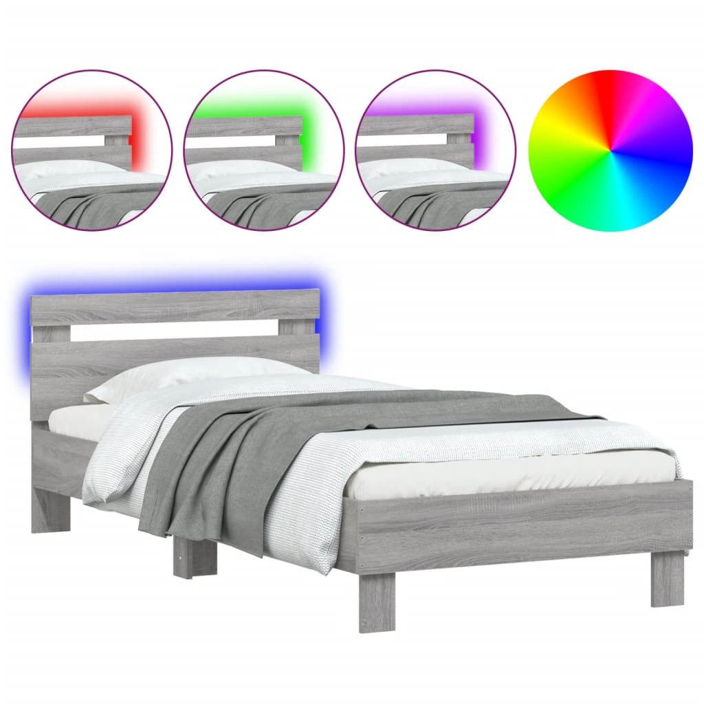 vidaXL Πλαίσιο Κρεβατιού με Κεφαλάρι και LED Γκρι sonoma 90 x 190 εκ.