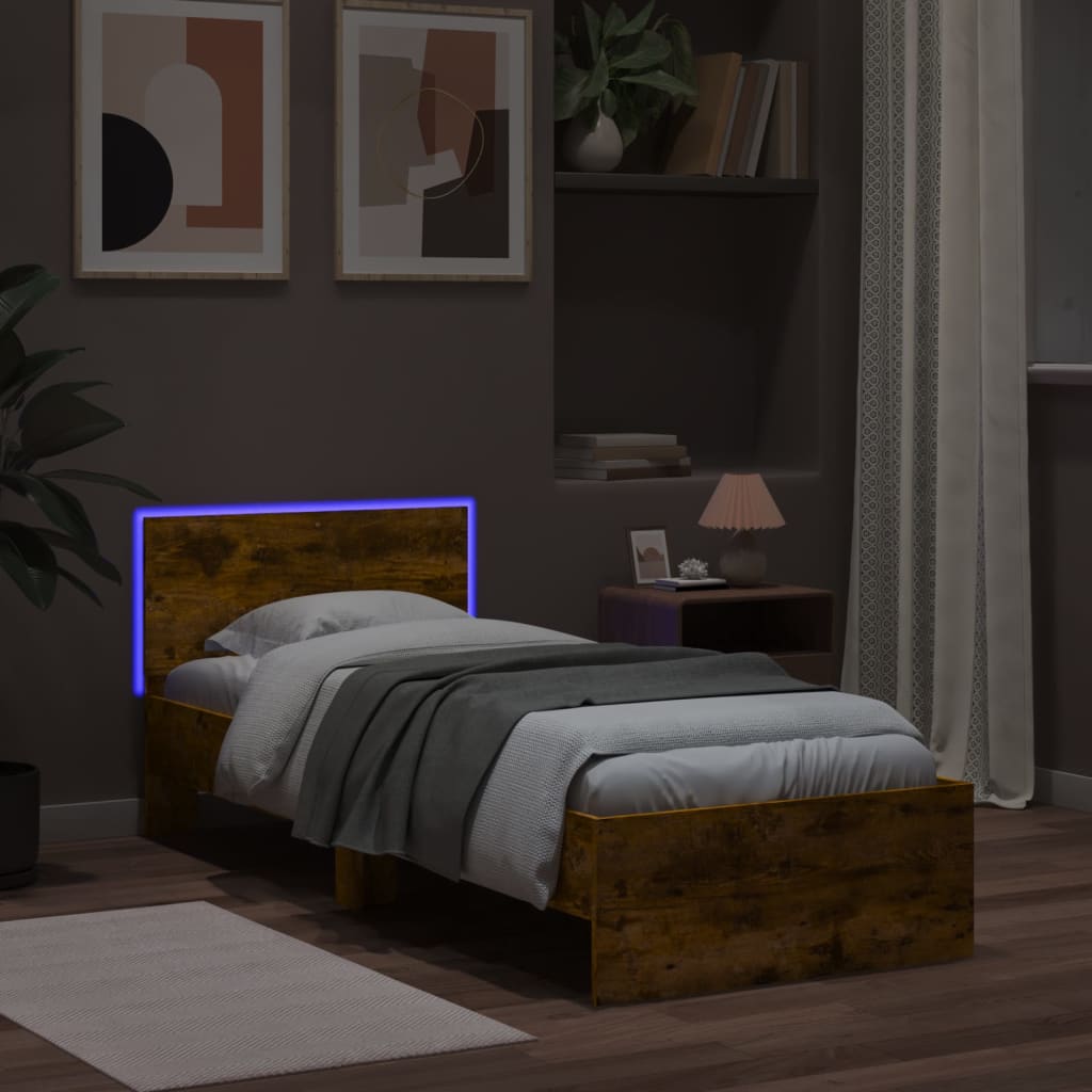 vidaXL Πλαίσιο Κρεβατιού με Κεφαλάρι/LED Καπν. Δρυς 90x190 εκ.