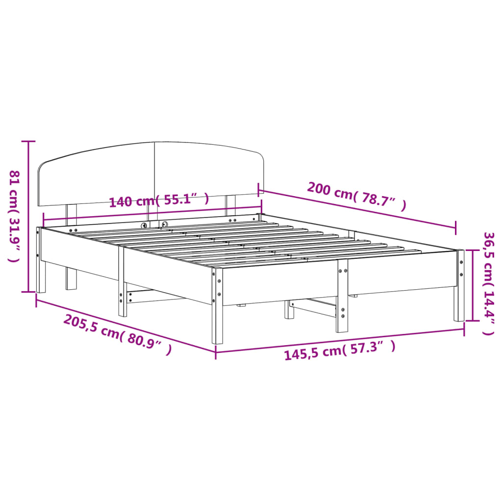 vidaXL Σκελετός Κρεβατιού Χωρίς Στρώμα Καφέ 140x200 Μασίφ Ξύλο Πεύκου