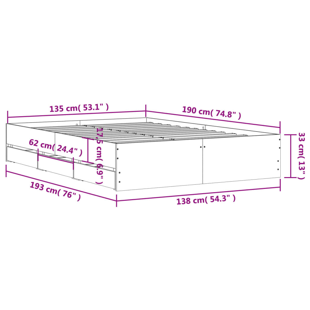 vidaXL Πλαίσιο Κρεβατιού με συρτάρια Sonoma Δρυς 135x190εκ. Επεξ. Ξύλο