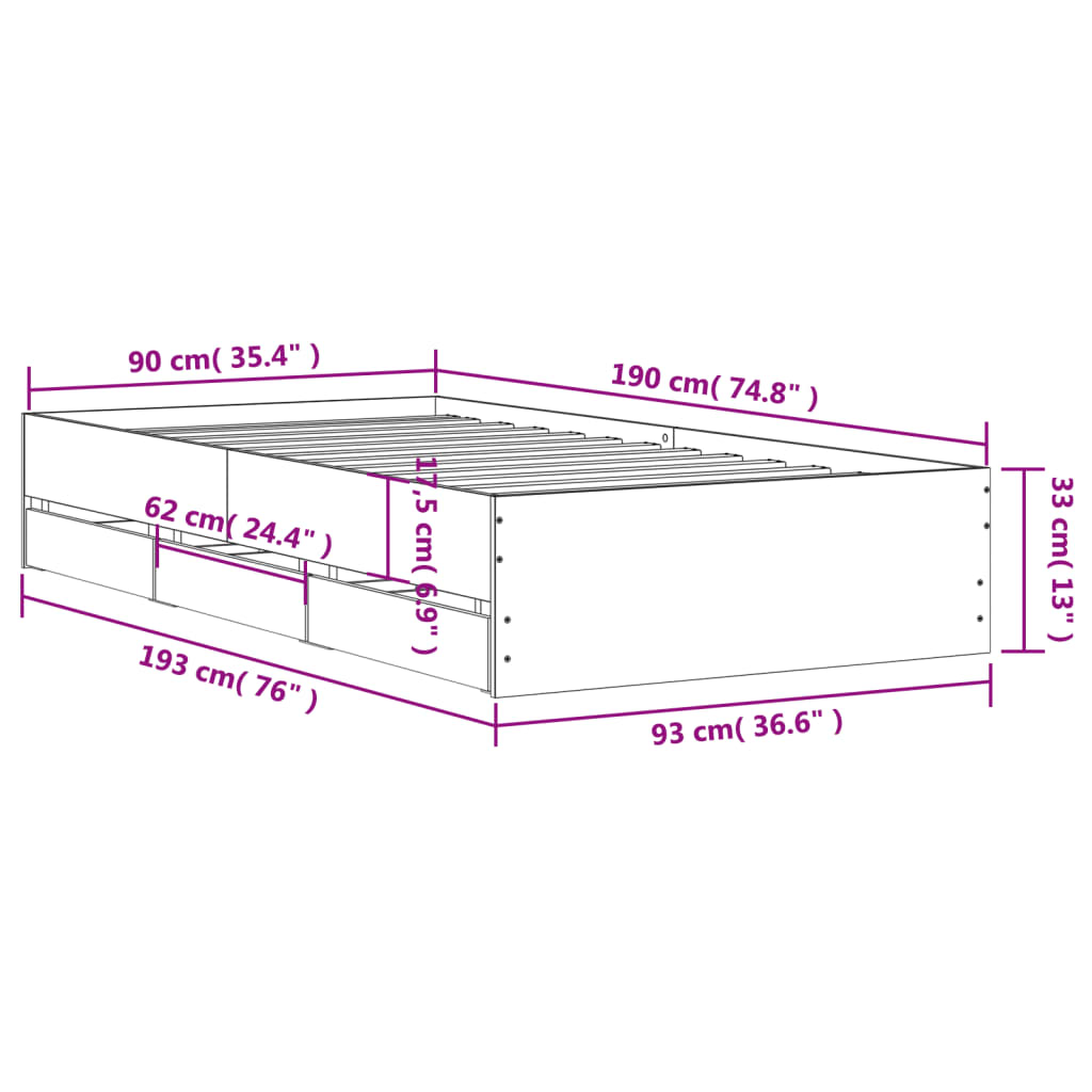 vidaXL Πλαίσιο Κρεβατιού με Συρτάρια Sonoma Δρυς 90x190εκ. Επεξ. Ξύλο