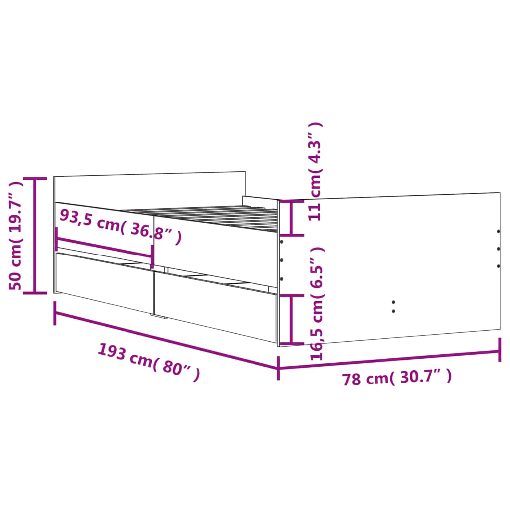 vidaXL Πλαίσιο Κρεβατιού Με Συρτάρια Γκρι Sonoma 75x190εκ Small Single