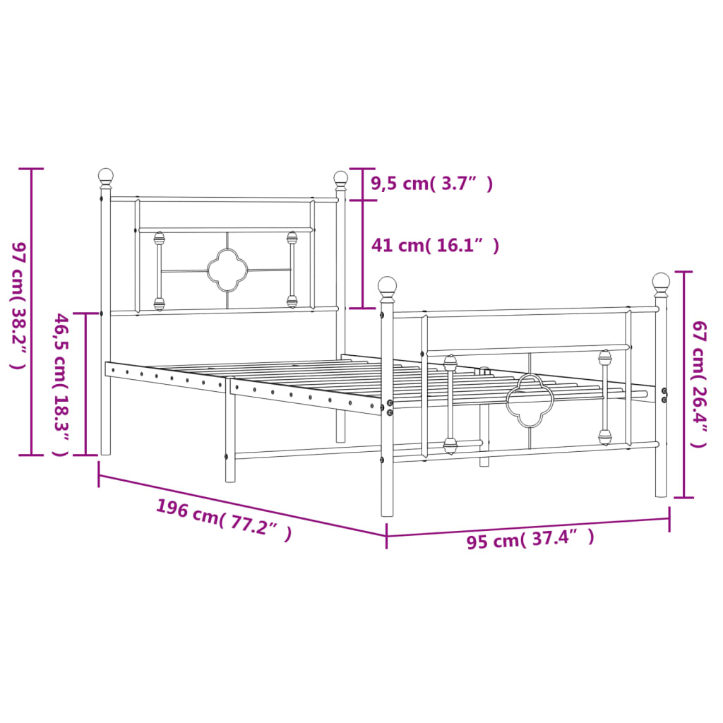 vidaXL Πλαίσιο Κρεβατιού με Κεφαλάρι&Ποδαρικό Μαύρο 90x190 εκ. Μέταλλο
