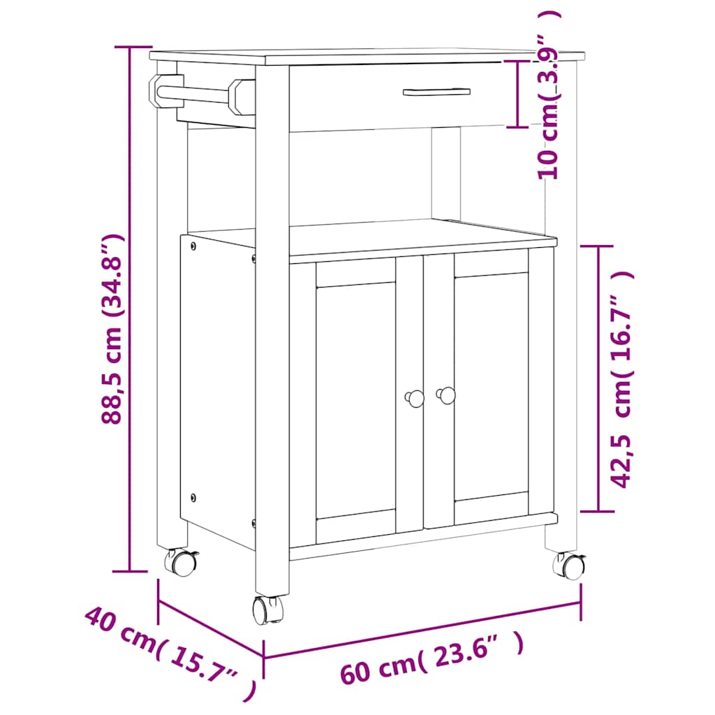 vidaXL Τρόλεϊ Κουζίνας MONZA 60x40x88,5 εκ. από Μασίφ Ξύλο Πεύκου