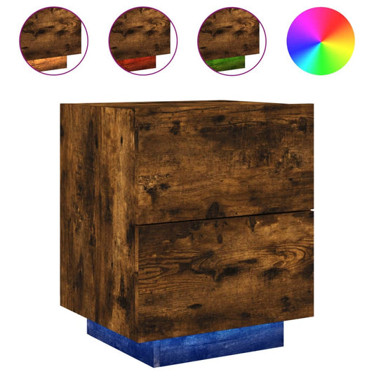 vidaXL Κομοδίνο με Φώτα LED Καπνιστή Δρυς Επεξεργασμένο Ξύλο