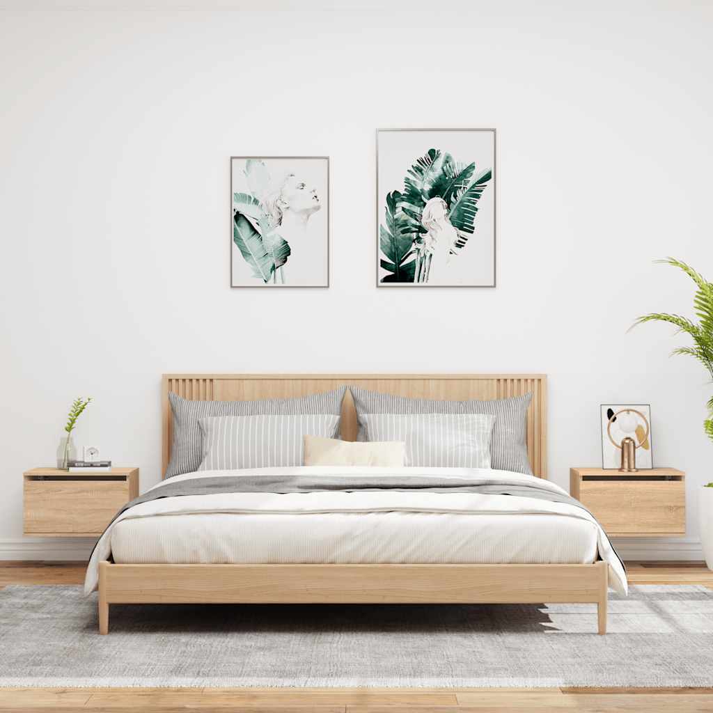 vidaXL Κομοδίνα Επιτοίχια με Φώτα LED 2 τεμ. Sonoma Δρυς