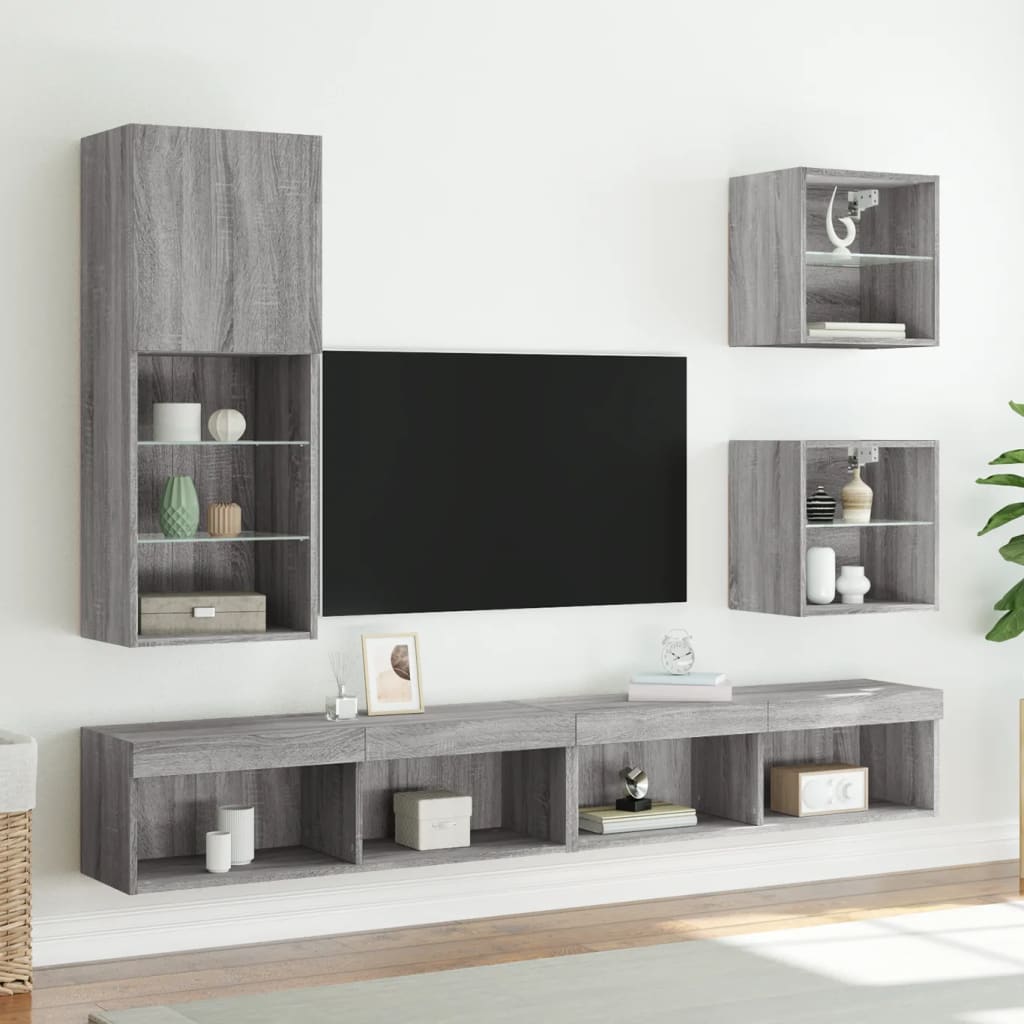 vidaXL Κομοδίνο Επιτοίχιο με Φώτα LED Γκρι Sonoma
