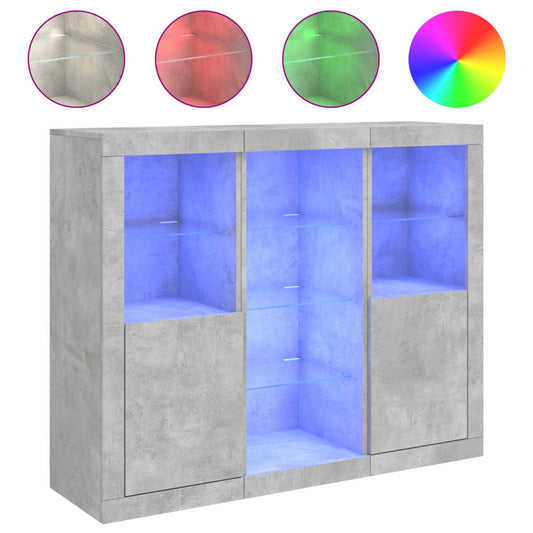 vidaXL Μπουφέδες με Φώτα LED 3 τεμ. Γκρι Σκυροδέματος Επεξεργ. Ξύλο