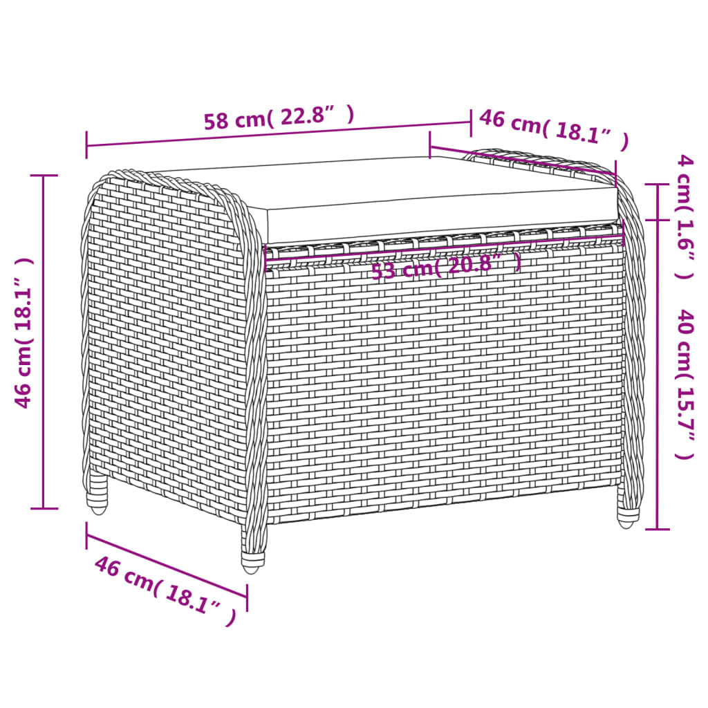 vidaXL Υποπόδιο Κήπου Μαύρο 58x46x46 εκ. Συνθετικό Ρατάν με Μαξιλάρι