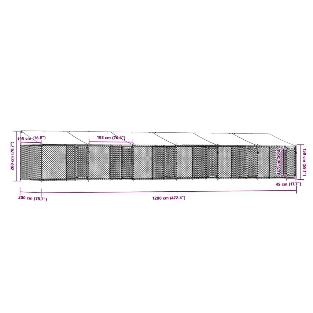 vidaXL Κλουβί Σκύλου με Οροφή και Πόρτες Γκρι 12x2x2 μ. Γαλβ. Χάλυβας