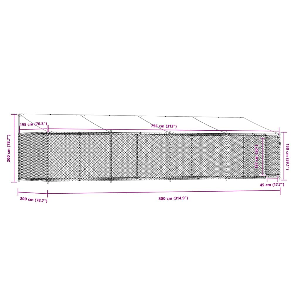 vidaXL Κλουβί Σκύλου με Οροφή και Πόρτες Γκρι 8x2x2 μ. Γαλβ. Χάλυβας