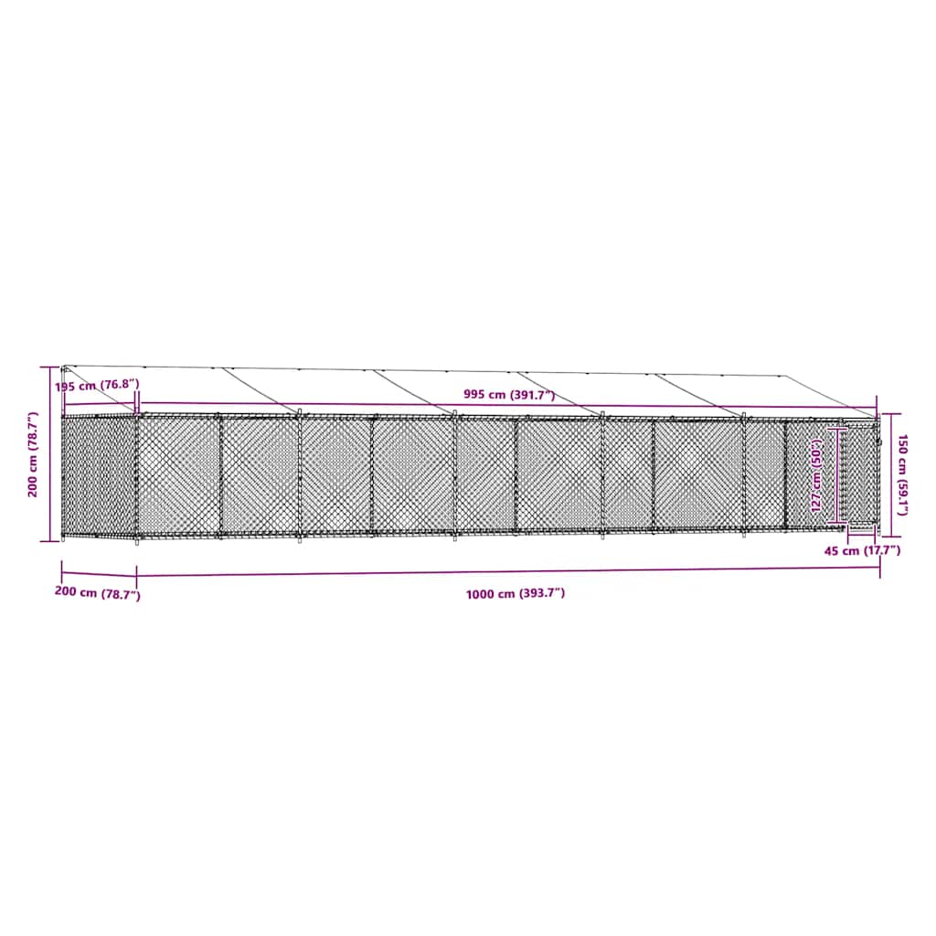 vidaXL Κλουβί Σκύλου με Οροφή και Πόρτες Γκρι 10x2x2 μ. Γαλβ. Χάλυβας