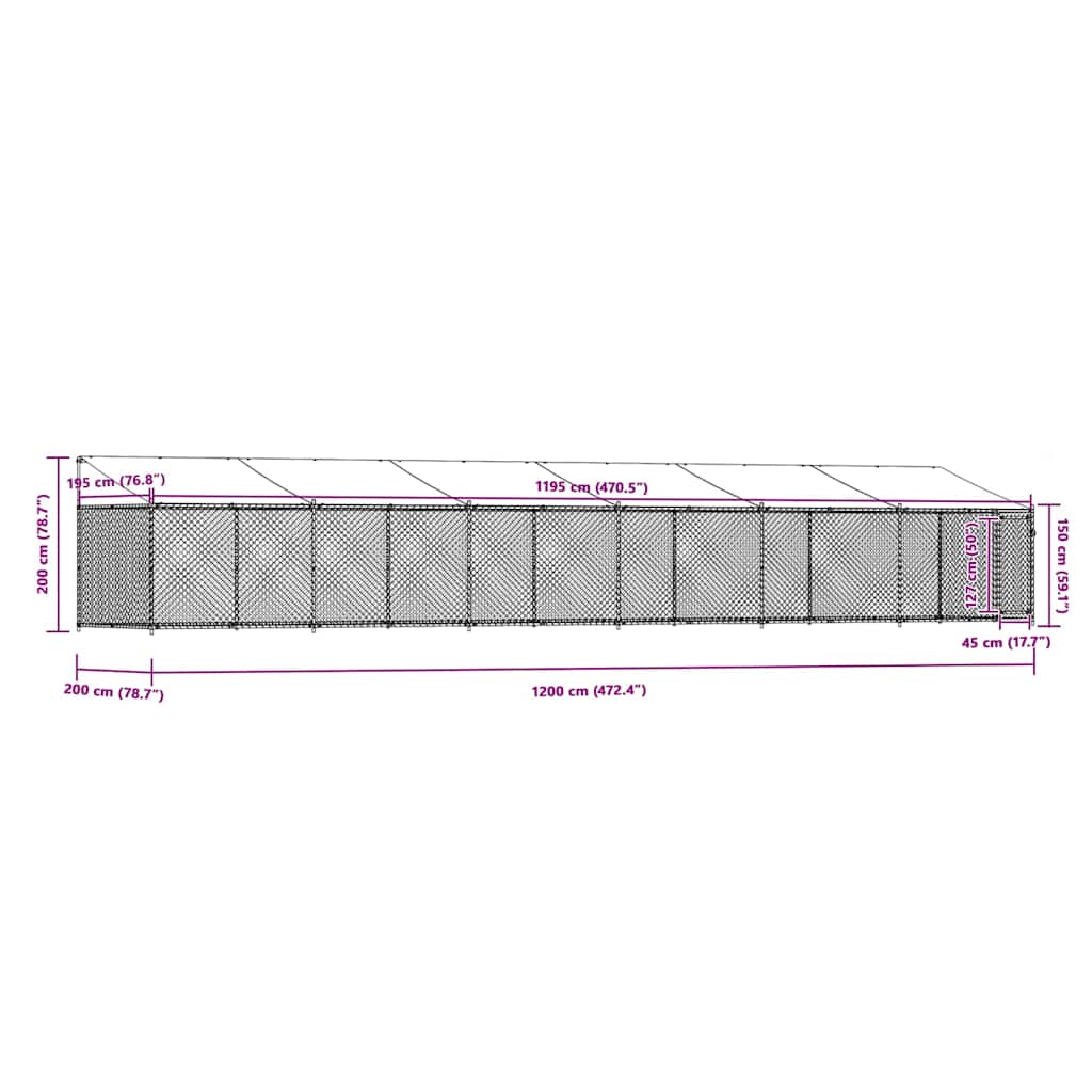 vidaXL Κλουβί Σκύλου με Οροφή και Πόρτες Γκρι 12x2x2 μ. Γαλβ. Χάλυβας
