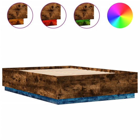 vidaXL Πλαίσιο Κρεβατιού Φώτα LED Καπνιστή Δρυς 140x200 εκ.Επεξ. Ξύλο