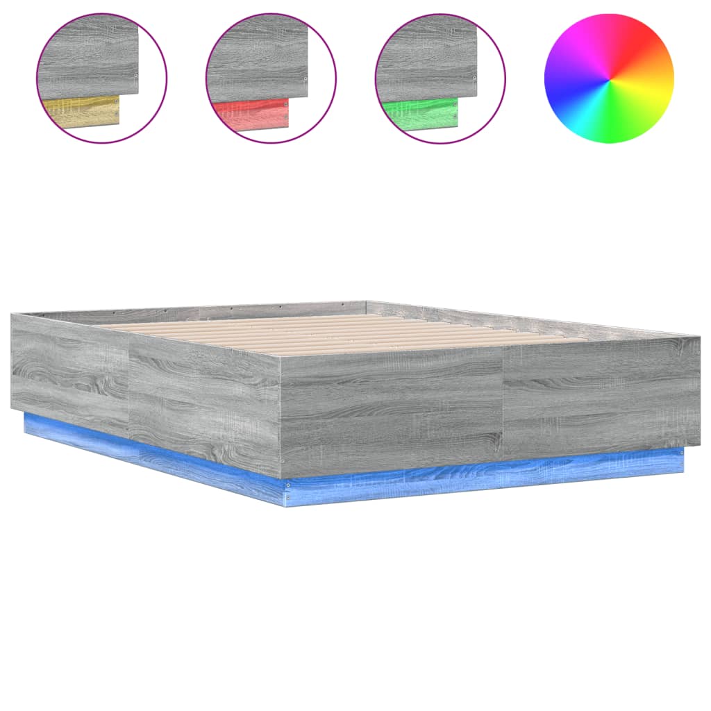 vidaXL Πλαίσιο Κρεβατιού με LED Γκρι Sonoma 135x190εκ. Επεξ. Ξύλο
