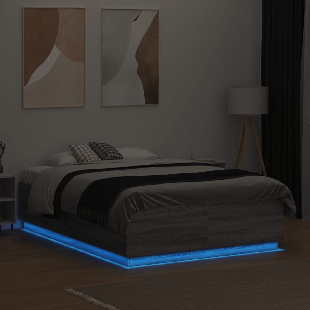 vidaXL Πλαίσιο Κρεβατιού με LED Γκρι Sonoma 135x190εκ. Επεξ. Ξύλο