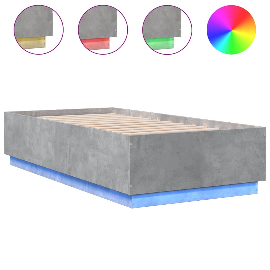vidaXL Πλαίσιο Κρεβατιού με LED Γκρι Σκυρ. 75x190 εκ. Επεξεργ. Ξύλο