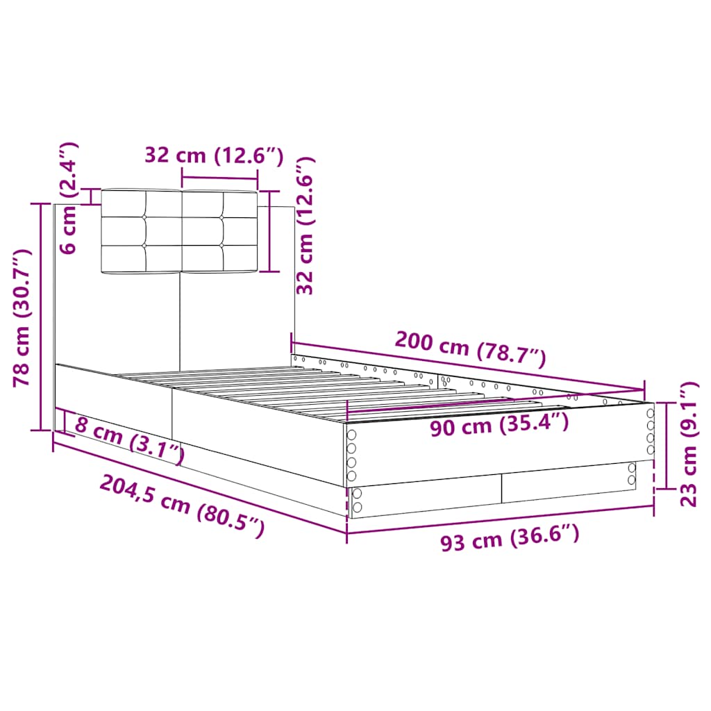 vidaXL Πλαίσιο Κρεβατιού με Κεφαλάρι Καφέ Δρυς 90x200 εκ. Επεξ. Ξύλο