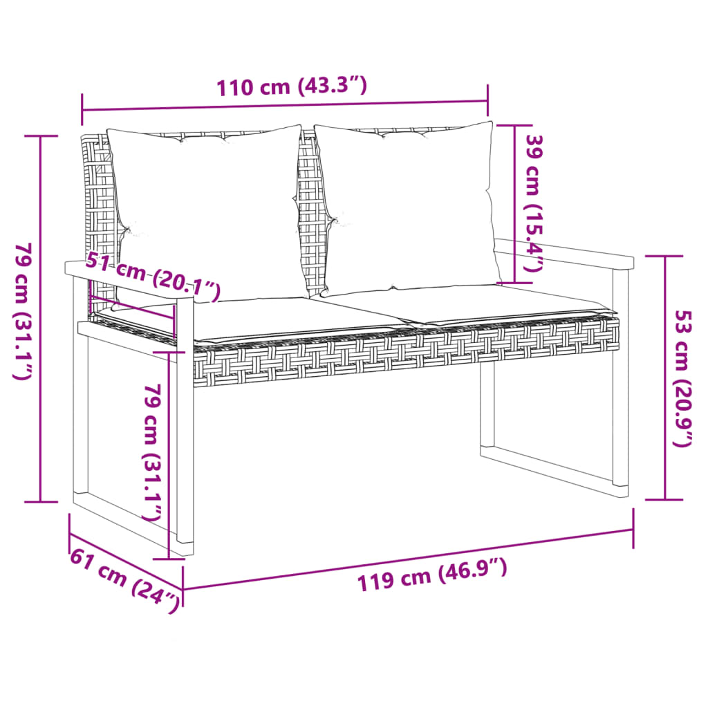 vidaXL Πάγκος Κήπου Μαύρος από Συνθ. Ρατάν/Ξύλο Ακακίας με Μαξιλάρι