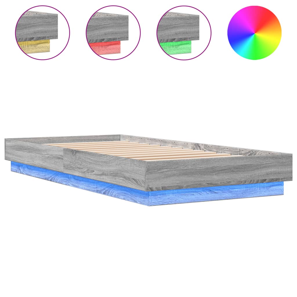 vidaXL Πλαίσιο Κρεβατιού με λυχνίες LED Γκρι sonoma 90 x 200 εκ.