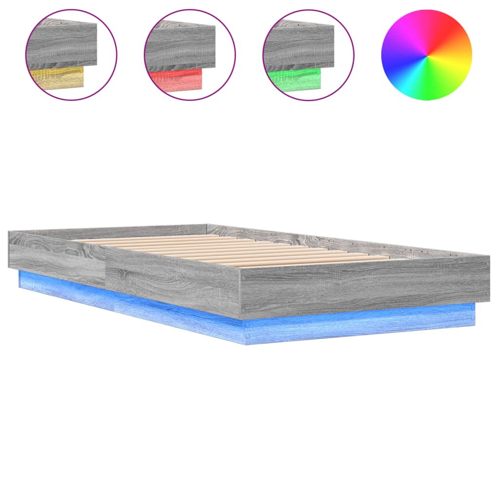 vidaXL Πλαίσιο Κρεβατιού με λυχνίες LED Γκρι sonoma 75 x 190 εκ.