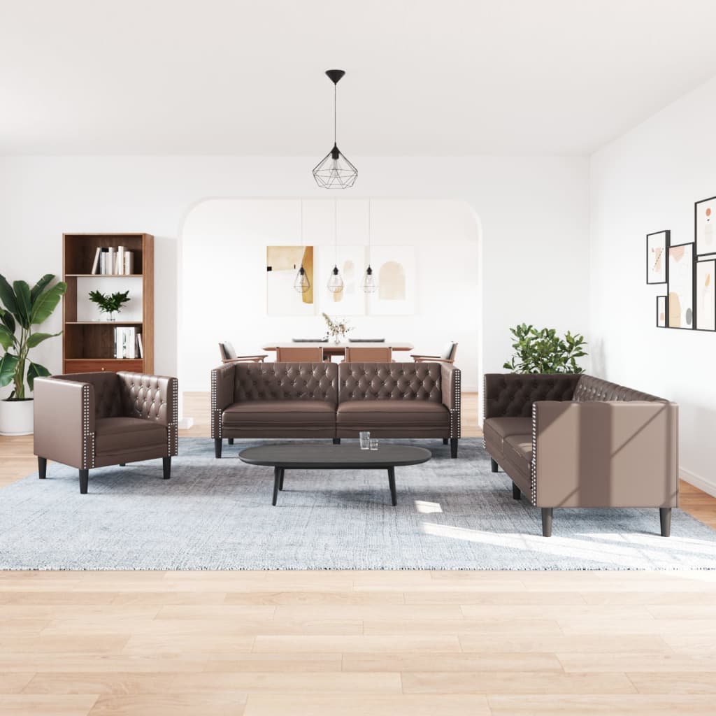 vidaXL Σετ Καναπέδων Chesterfield 3 Τεμαχίων από Καφέ Συνθετικό Δέρμα