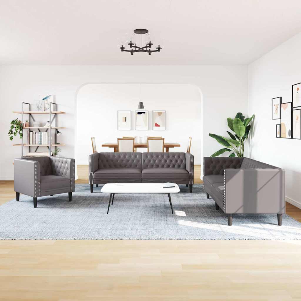 vidaXL Σετ Καναπέδων Chesterfield 3 Τεμαχίων από Γκρι Συνθετικό Δέρμα