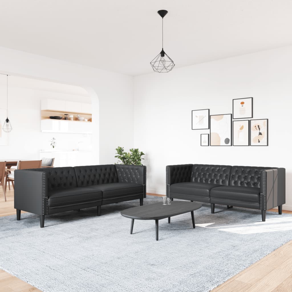 vidaXL Σετ Καναπέδων Chesterfield 2 Τεμαχίων από Μαύρο Συνθετικό Δέρμα