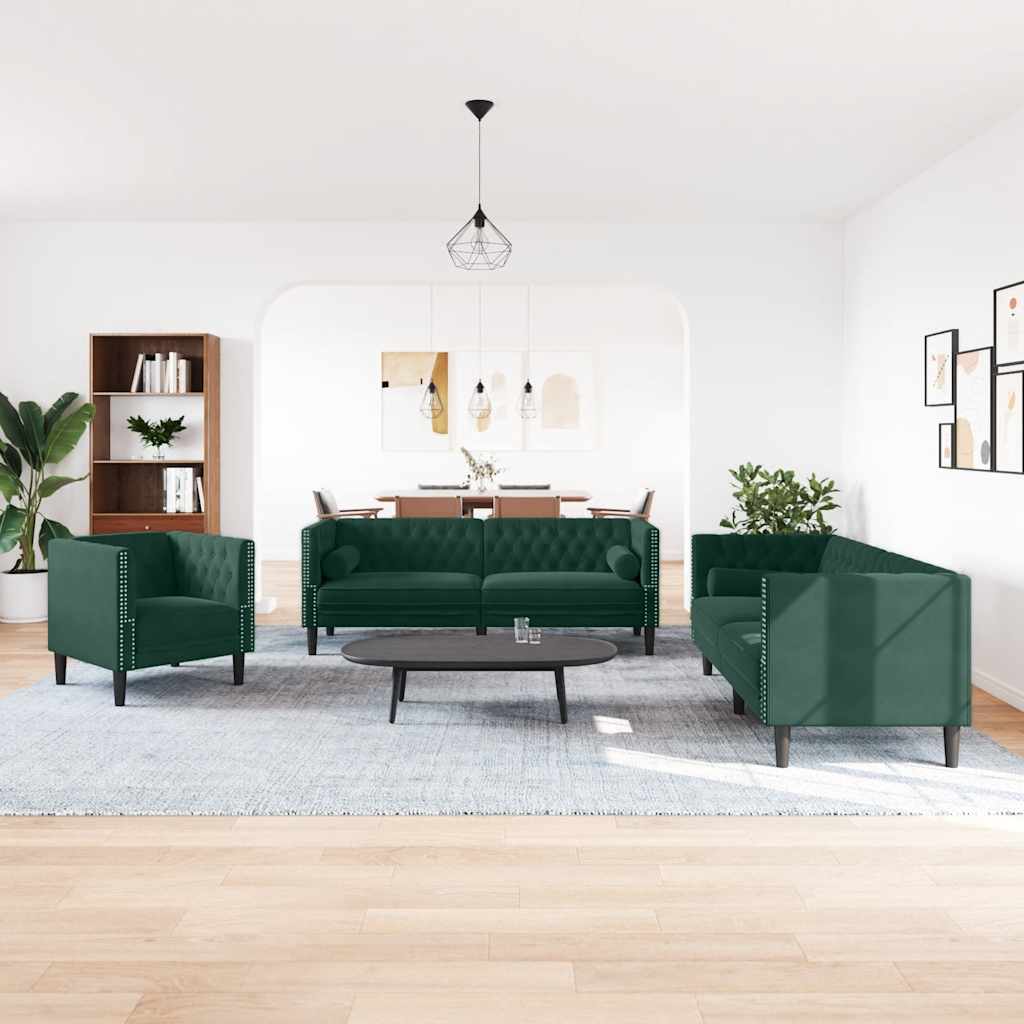 vidaXL Καναπές Chesterfield 3τεμαχίων μαξιλάρια σκούρο πράσινο βελούδο