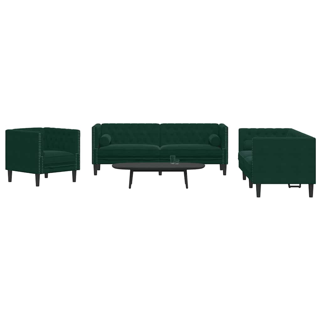 vidaXL Καναπές Chesterfield 3τεμαχίων μαξιλάρια σκούρο πράσινο βελούδο