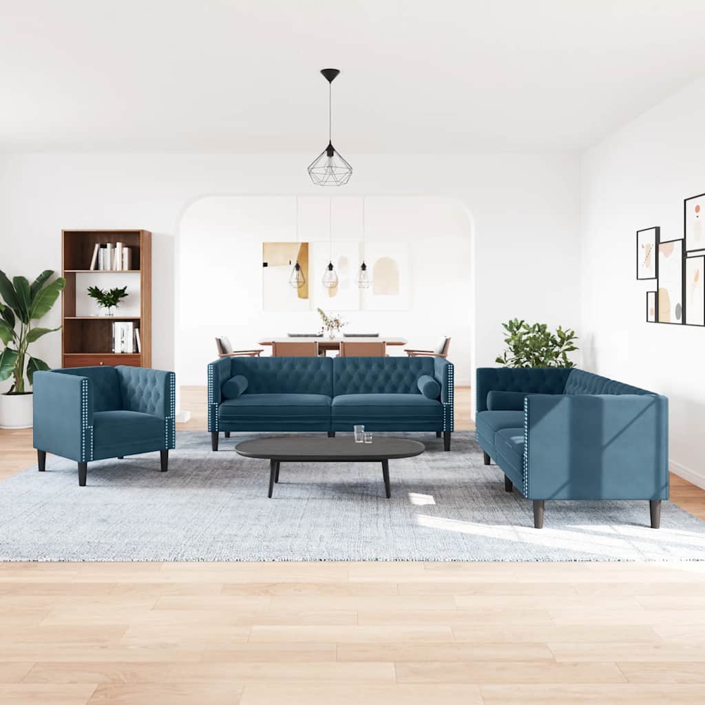 vidaXL Σετ Καναπέδων Chesterfield 3 Τεμαχίων με Στηρίγματα από Μπλε Βελούδο