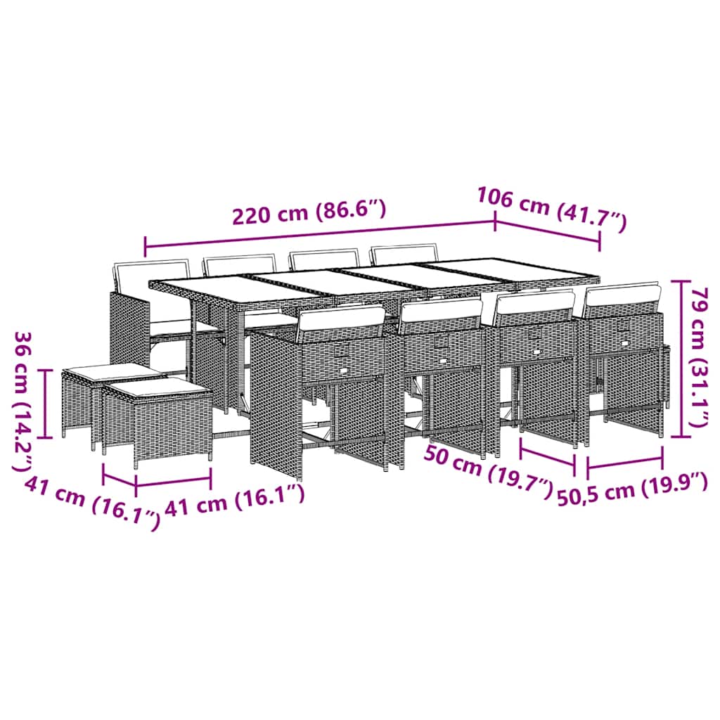 vidaXL Τραπεζαρία Κήπου 13 Τεμαχίων Γκρι Συνθετικό Ρατάν με Μαξιλάρια