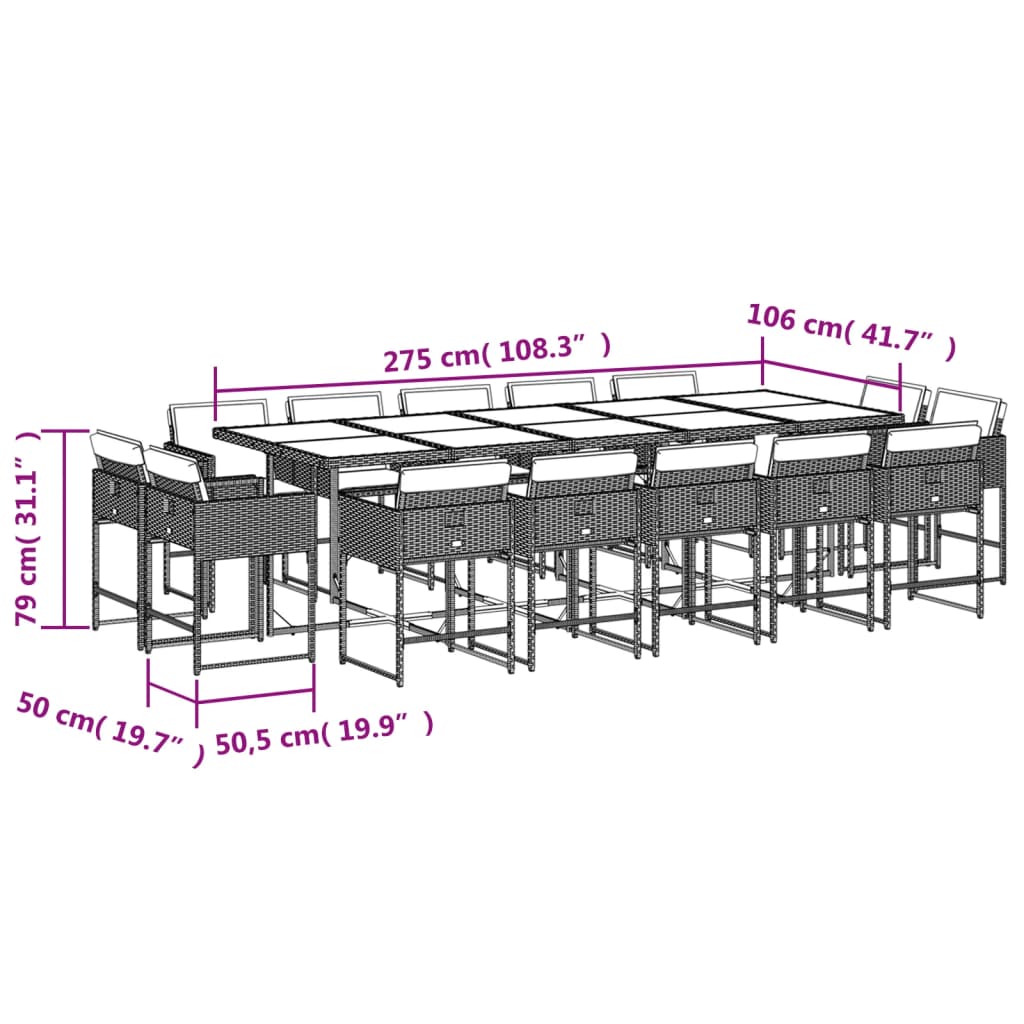 vidaXL Σετ Τραπεζαρίας Κήπου 15 τεμ. Αν. Γκρι Συνθ. Ρατάν με Μαξιλάρια