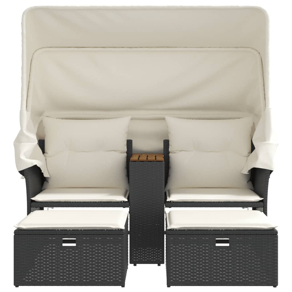 vidaXL Καναπές Κήπου Διθέσιος με Σκίαστρο & Σκαμπό Μαύρος Συνθ. Ρατάν
