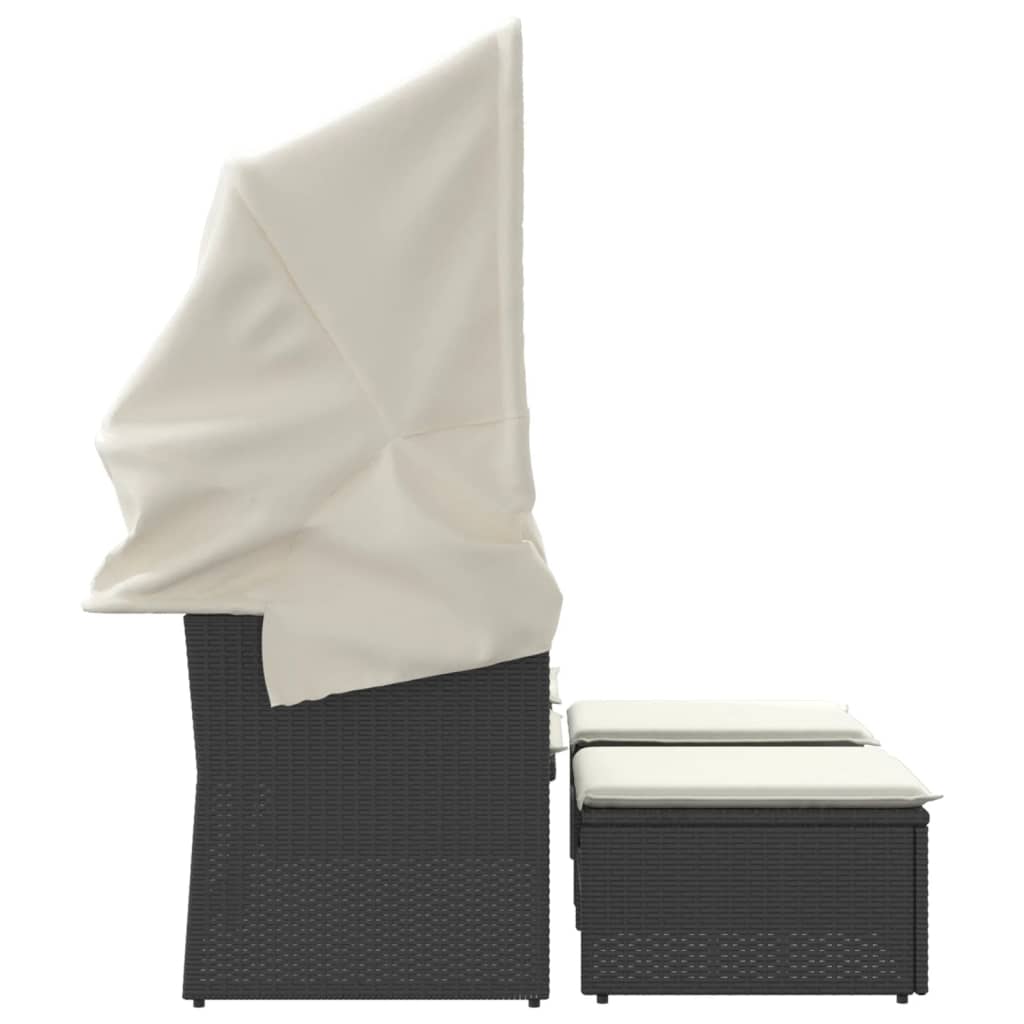vidaXL Καναπές Κήπου Διθέσιος με Σκίαστρο & Σκαμπό Μαύρος Συνθ. Ρατάν