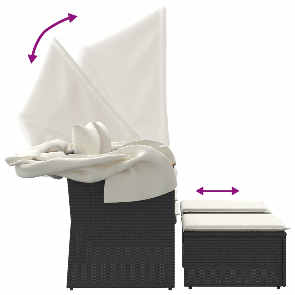 vidaXL Καναπές Κήπου Διθέσιος με Σκίαστρο & Σκαμπό Μαύρος Συνθ. Ρατάν