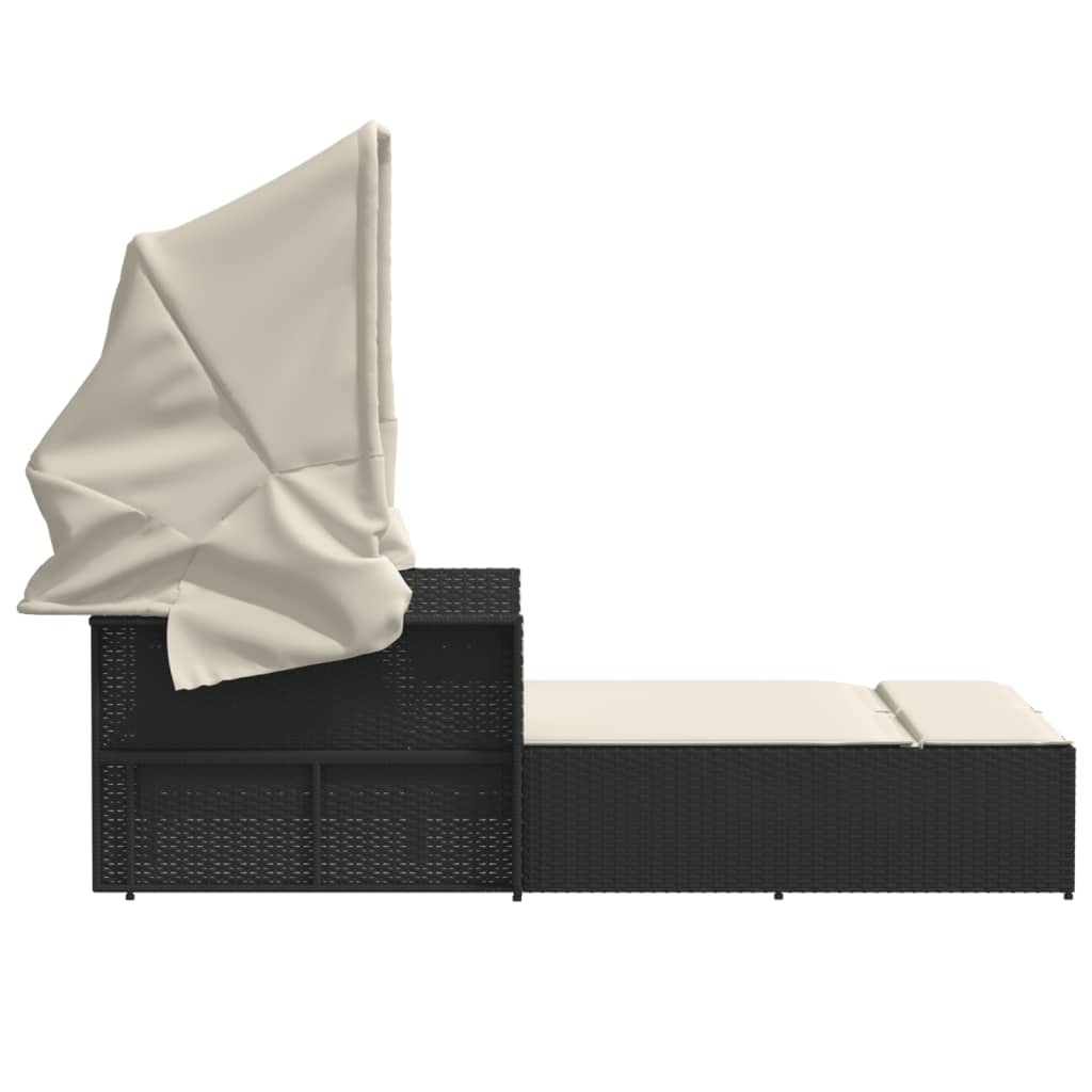 vidaXL Ξαπλώστρα Διπλή Μαύρη Συνθετικό Ρατάν με Σκίαστρο και Μαξιλάρια