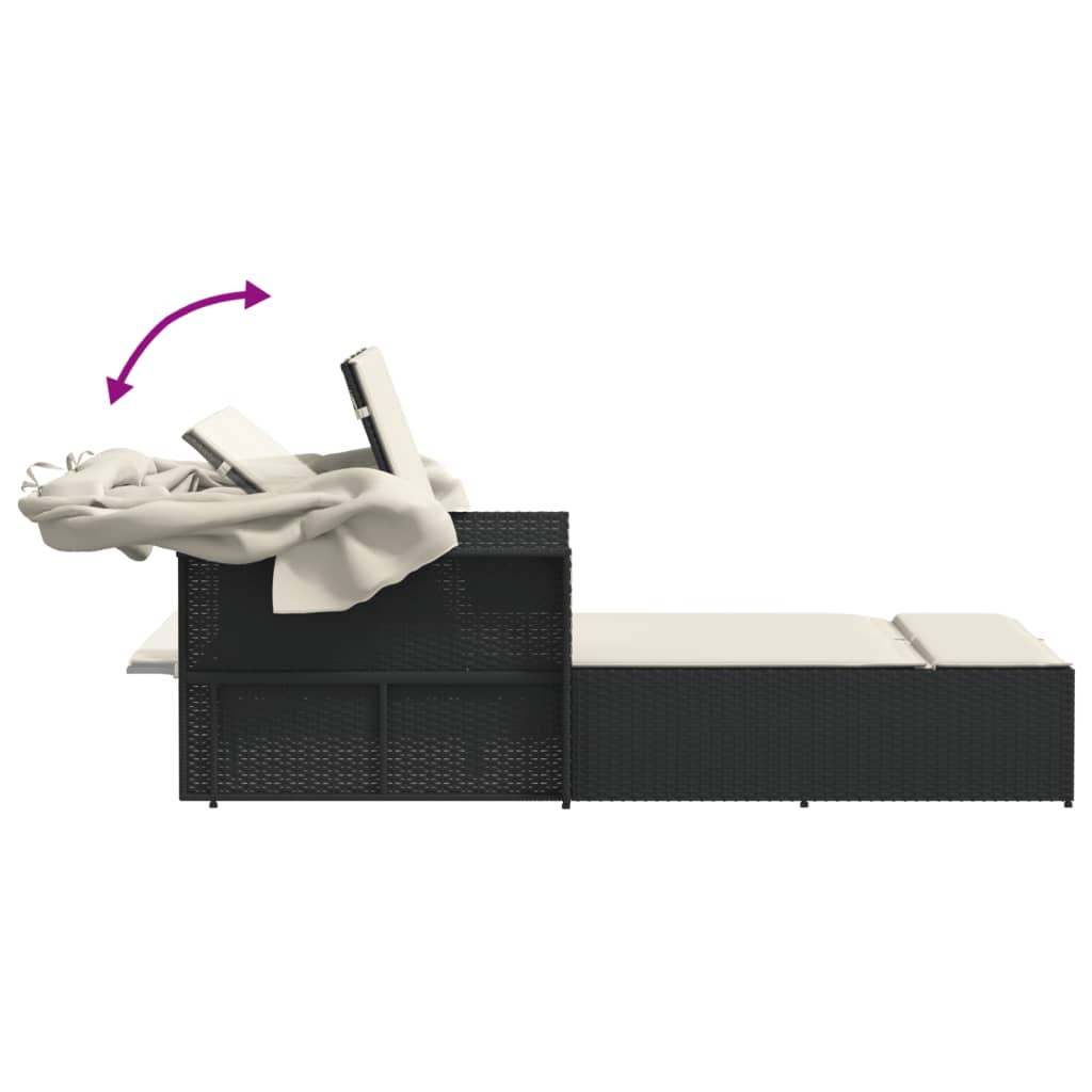 vidaXL Ξαπλώστρα Διπλή Μαύρη Συνθετικό Ρατάν με Σκίαστρο και Μαξιλάρια