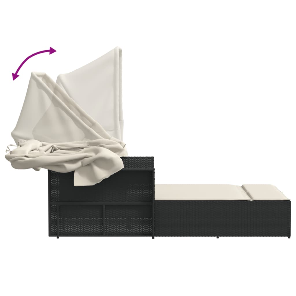 vidaXL Ξαπλώστρα Διπλή Μαύρη Συνθετικό Ρατάν με Σκίαστρο και Μαξιλάρια