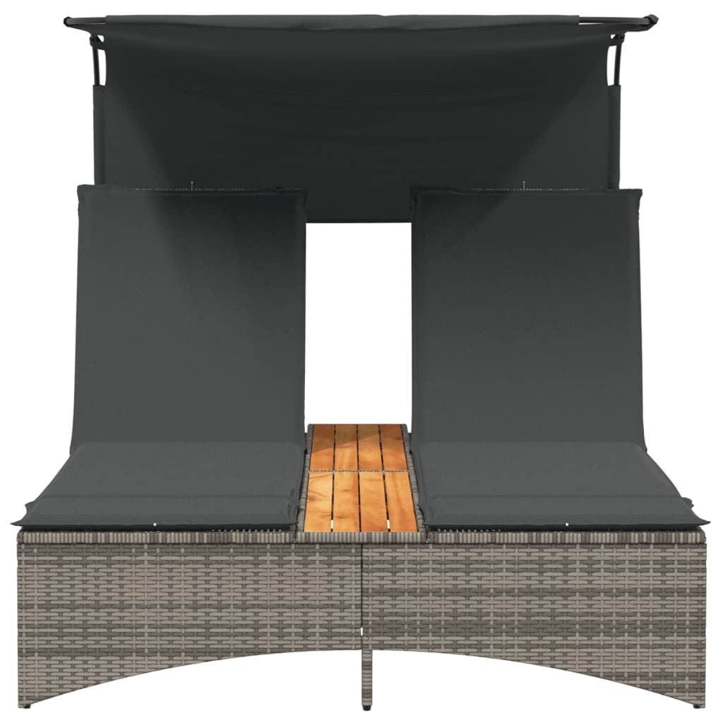 vidaXL Ξαπλώστρα Διπλή Γκρι Συνθετικό Ρατάν με Σκίαστρο και Μαξιλάρια