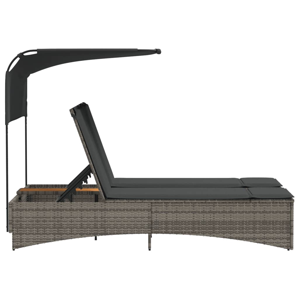 vidaXL Ξαπλώστρα Διπλή Γκρι Συνθετικό Ρατάν με Σκίαστρο και Μαξιλάρια