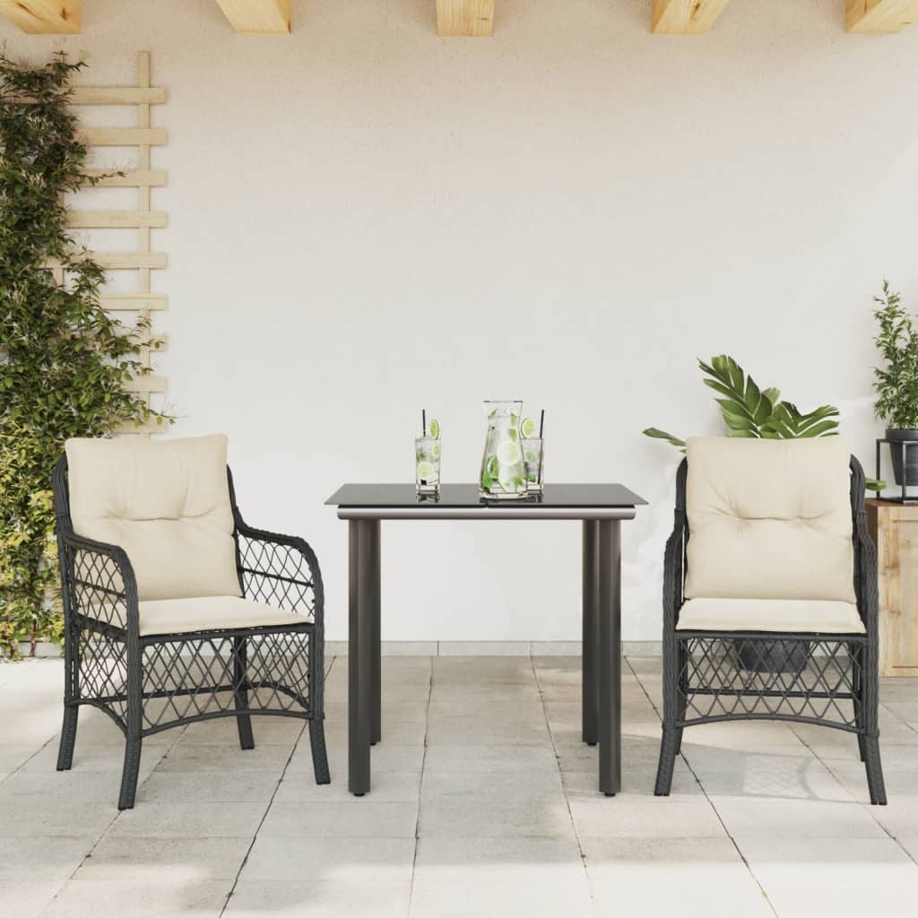 vidaXL Σετ Επίπλων Bistro 3 τεμ. Μαύρο Συνθετ. Ρατάν με Μαξιλάρια