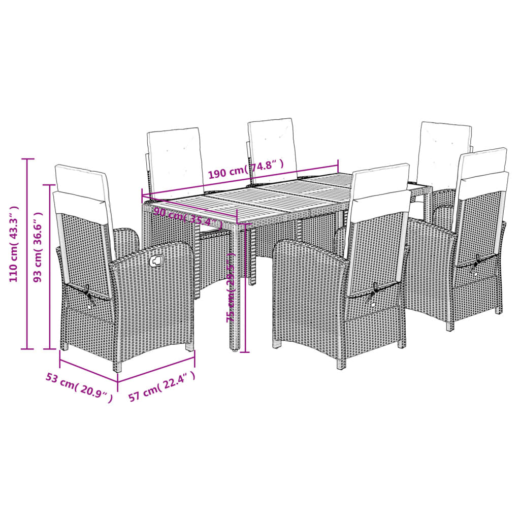 vidaXL Σετ Τραπεζαρίας Κήπου 7 Τεμ. Μαύρο Συνθετικό Ρατάν με Μαξιλάρια