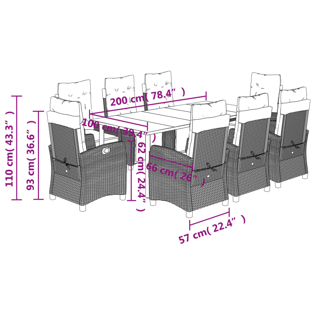 vidaXL Σετ Τραπεζαρίας Κήπου 9 τεμ. Καφέ Συνθετικό Ρατάν με Μαξιλάρια